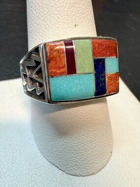 Colorblock Inlay Sterling Silver Statement Ring - Turquoise & Coral